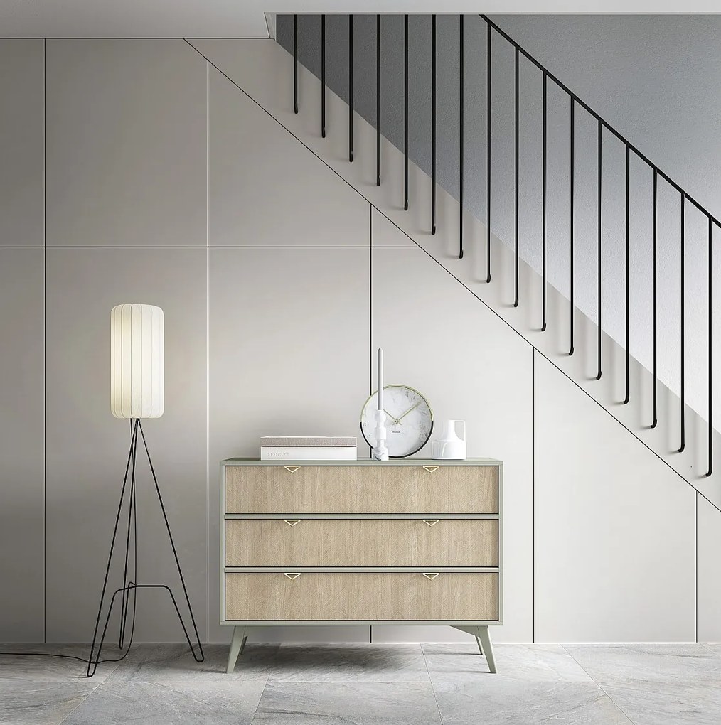 Komoda: 3 szuflady, eukaliptus / jodełki skandynawskie, drewniane nogi, 106 x 80 x 38 cm