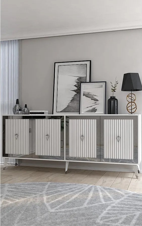 Komoda – 180 cm x 78,6 cm x 35 cm – Biały i srebrny – Płyta wiórowa pokryta melaminą