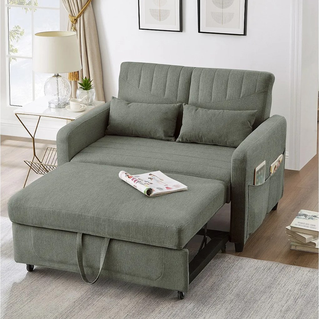 Rozkładana sofa 2-osobowa rozkładana - 114 x 77 x 82,5 cm - regulowane oparcie - tkanina bawełniano-lniana - kolor zielony