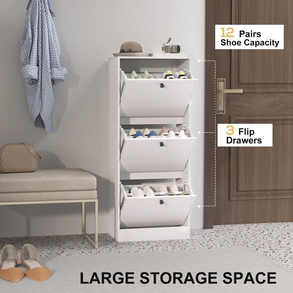 Szafka na Buty HOMCOM, Regał, 3 Klapki, Regulowana, Płyta Pilśniowa, Biały