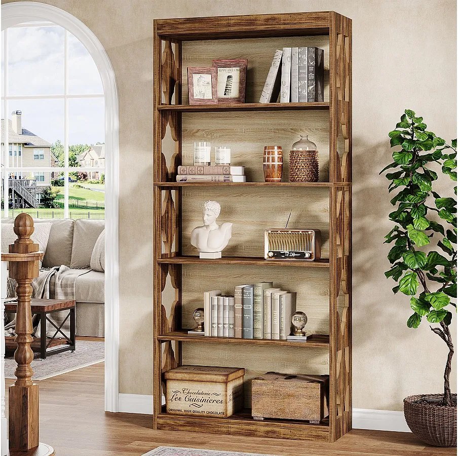 179 cm zabytkowy regał na książki, 5-poziomowe wysokie półki na książki, pionowy regał na książki z wycięciem, wolnostojący regał ekspozycyjny