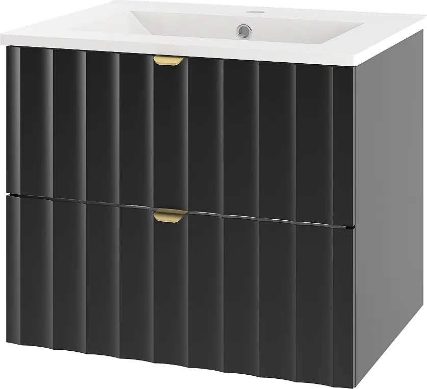 Czarny Zestaw Łazienkowy 60cm Szafka z Umywalką Ryflowane Fronty Arcos