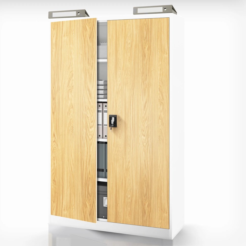 Szafa biurowa metalowa Biały/ Złoty dąb: Eco Design JAN II, 1150 x 1850 x 400 mm