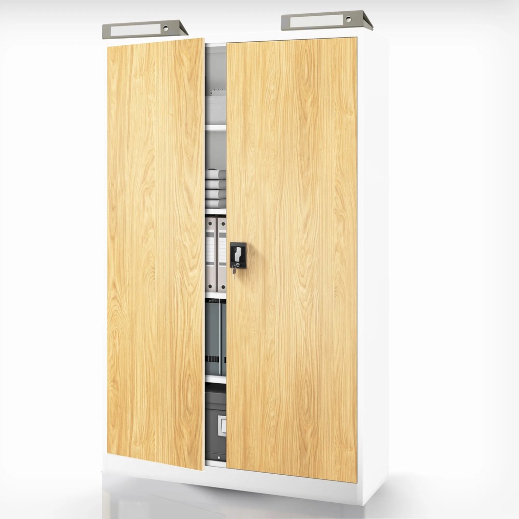Szafa biurowa metalowa na akta, szeroka, biały/złoty dąb, 1150x1850x400 mm: JAN II Eco Design