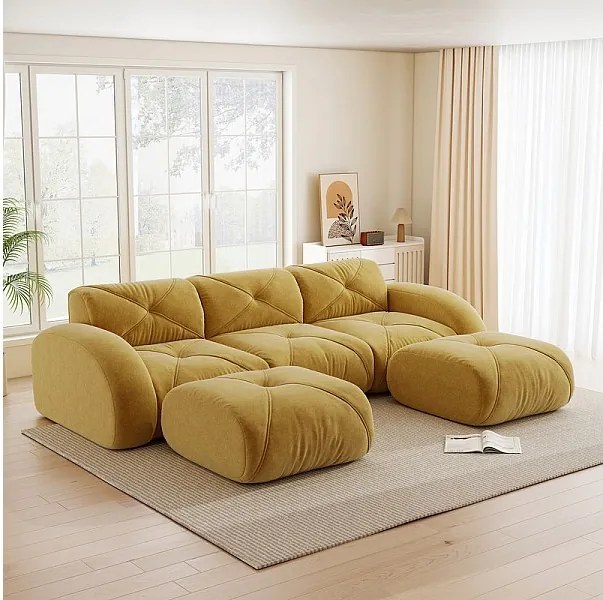 Canapé d'angle 3 places modulable en tissu chenille, avec 2 pouf, 281x171x76cm, Jaune