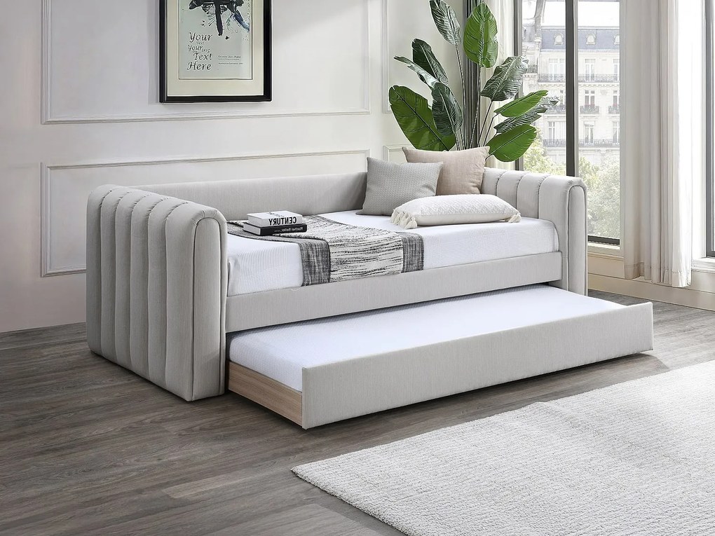 Łóżko wysuwane 90 x 190 cm - Tkanina - Beżowy + Materac - SAHONA