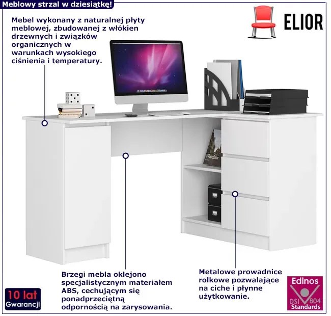 Białe biurko duże komputerowe i gamingowe narożne z szufladami i szafką - Volume 4X