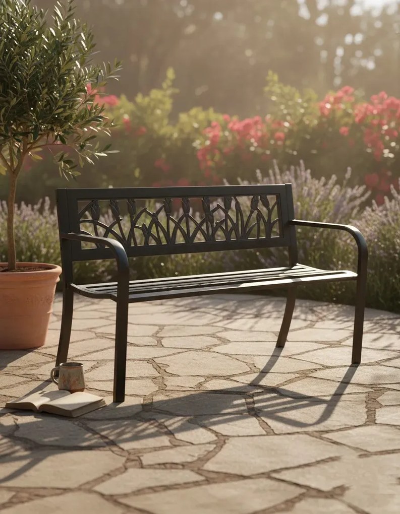 Ławka ogrodowa z metalowym stelażem i florystycznym zdobieniem W4-B41