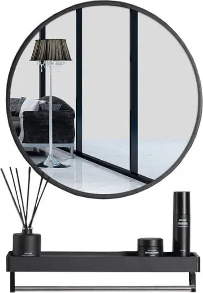 Czarne okrągłe lustro 80 cm z półką do łazienki L0-P29