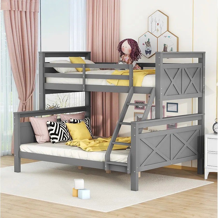 Łóżka piętrowe 90 x 200 cm i 140 x 200 cm - Łóżko młodzieżowe z drabinką i barierkami - Szare drewno - Materac nie jest wliczony w cenę