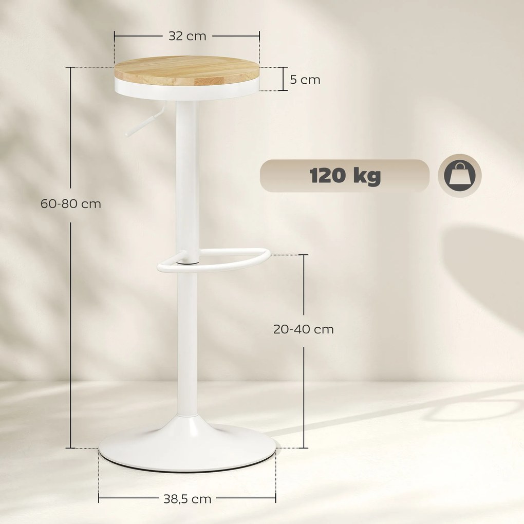 HOMCOM Stołki barowe 2 szt., regulowane, obrotowe 360° z ramą stalową i podnóżkiem 38,5x38,5x60-80 cm Drewno naturalne+Biały | Aosom PL