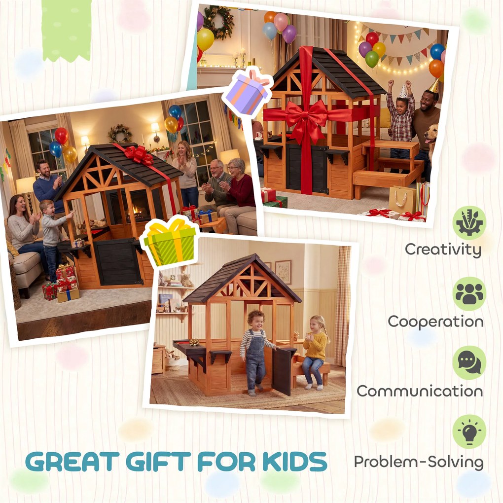 AIYAPLAY Domek ogrodowy z drewna dla dzieci z ławkami, stołem, zlewem, oknem, stojakiem na doniczki dla dzieci w wieku 3-8 lat, jasnobrązowy | Aosom PL