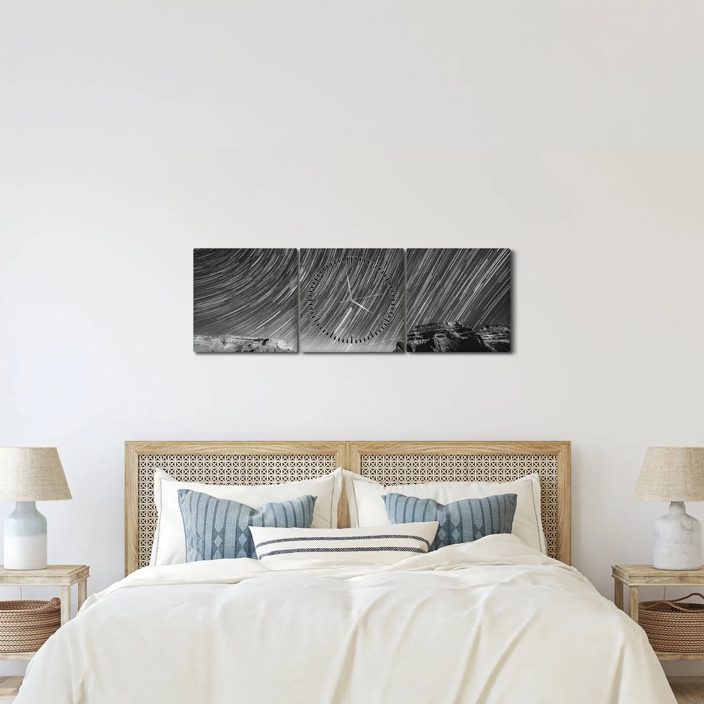 Czarno - biały obraz gwiaździstego nieba (z zegarem) (90x30 cm)