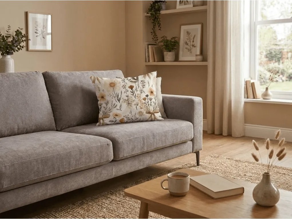 Poliestrowo-bawełniana poszewka na poduszkę FLORAL RIBBON POLY 50x70 cm, kremowy