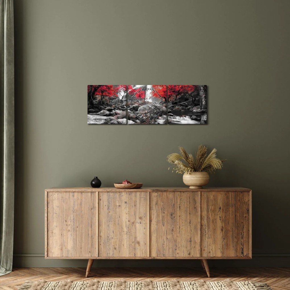 Obraz - Wodospady w jesiennym krajobrazie (z zegarem) (90x30 cm)