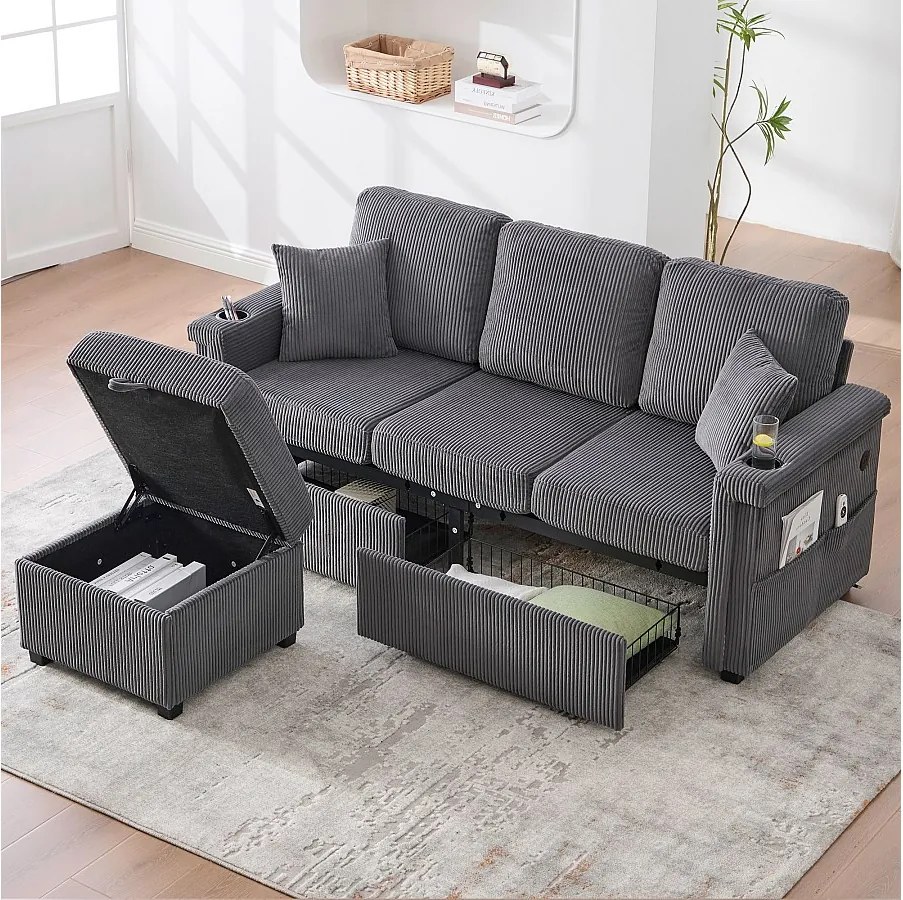 Ciemnoszara sofa 4-osobowa - Sofa narożna z oświetleniem LED i podnóżkiem ze schowkiem - uchwyt na kubek i boczne kieszenie - sztruks