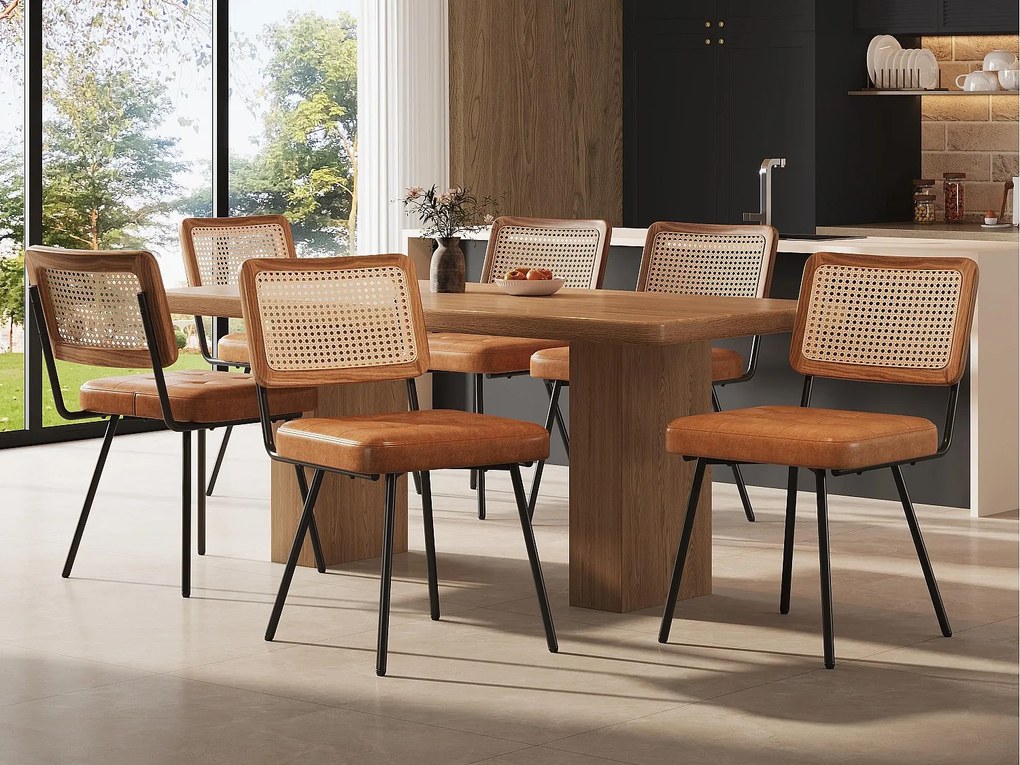 Zestaw 6 tapicerowanych krzeseł do jadalni - ze skóry ekologicznej i rattanu - metalowa konstrukcja - styl retro - brązowy