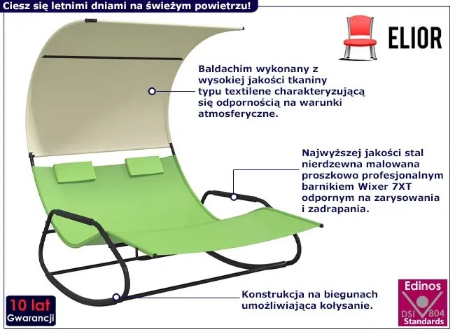Ogrodowy leżak bujany z daszkiem i poduszkami zielony + kremowy - Viris