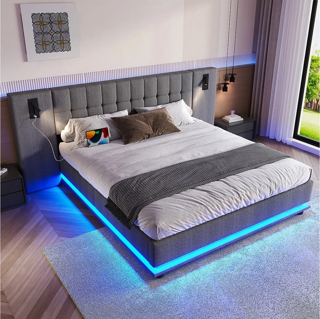 Łóżko dla dorosłych 180x200 cm Łóżko podwójne z listwą świetlną LED i lampką do czytania, USB - Len szare (bez materaca)