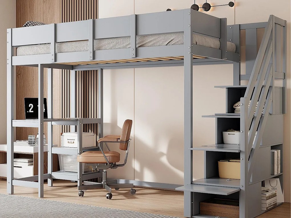 Łóżko antresolowe dziecięce 90×200 cm - z drabiną ze schowkiem - z biurkiem - szare (materac nie jest dołączony)