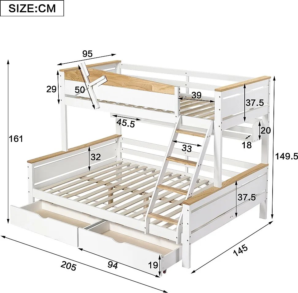 Łóżka piętrowe 2 x 90 x 200 cm + łóżko wysuwane 90 x 190 cm - z 2 dużymi szufladami i zagłówkiem - sosna + MDF - kolor: biały + naturalny