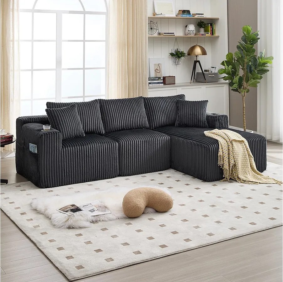 Narożnik z uchwytem na kubek - 3-osobowa sofa z pięcioma poduszkami i kieszeniami bocznymi - szary sztruks