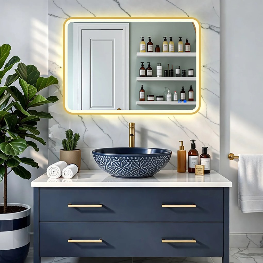 Lustro zaokrąglone LED w złotej aluminiowej ramie