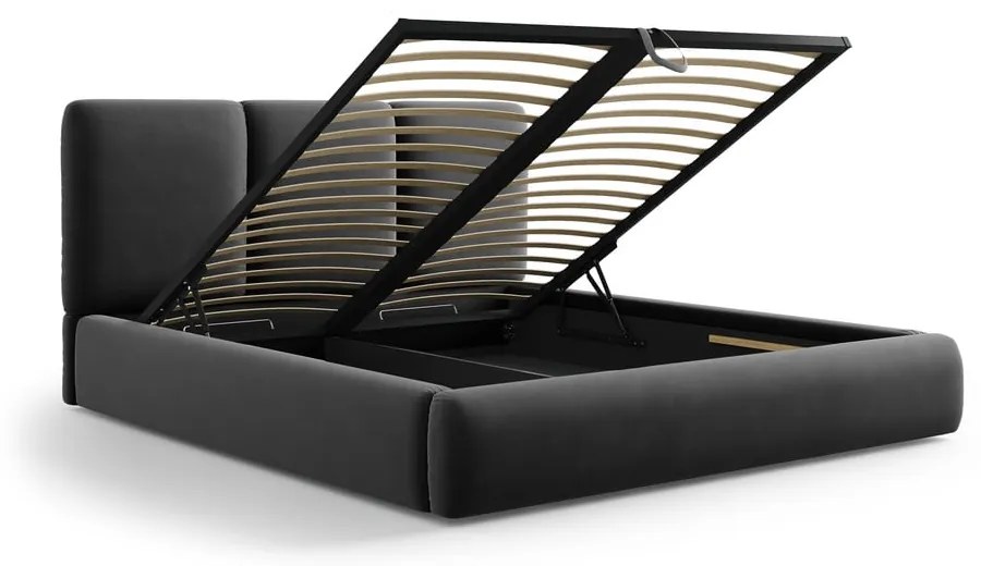Ciemnoszare aksamitne tapicerowane łóżko dwuosobowe ze schowkiem i stelażem 140x200 cm Brody – Mazzini Beds