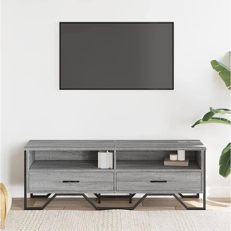 Szafka RTV Sonoma Szara 122x34x41 cm z LED, Drewno Inżynieryjne, Metalowe Uchwyty i Duża Przestrzeń Do Przechowywania