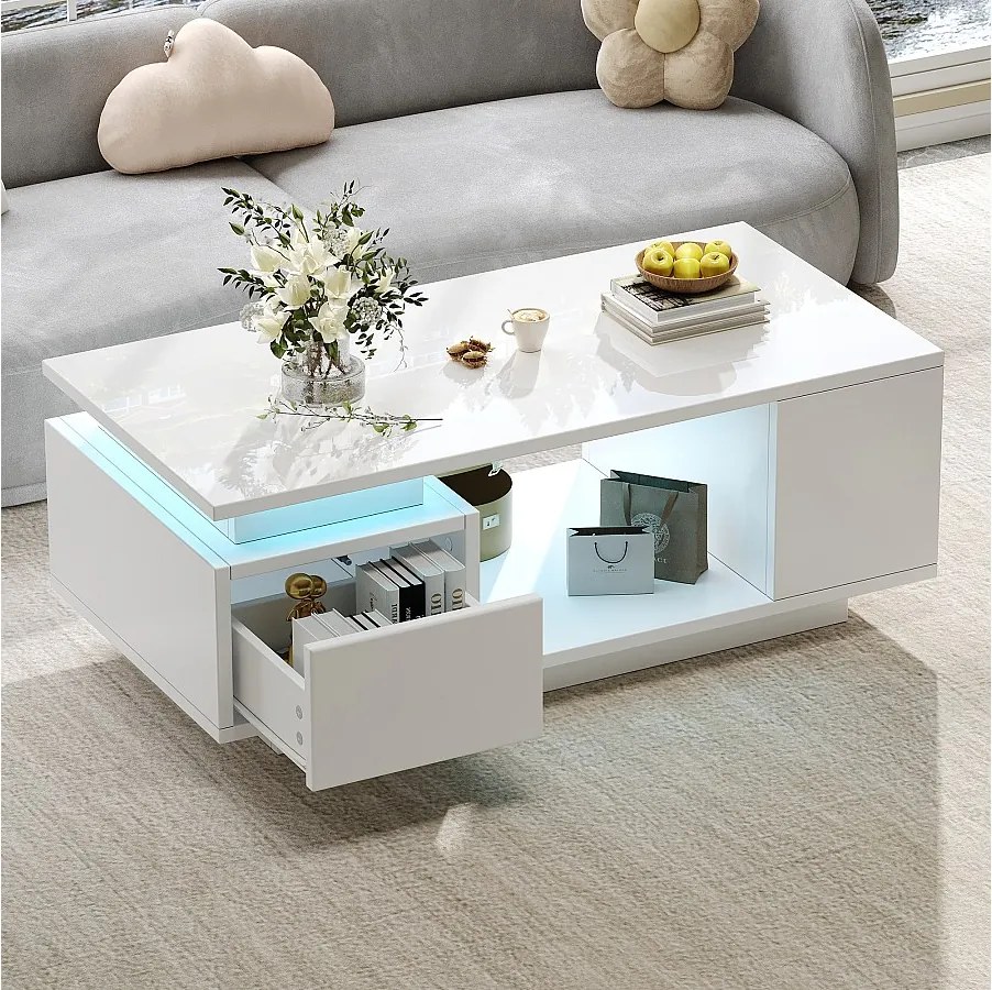 Stolik kawowy lakierowany - 100 x 50 x 36 cm - z szufladą + diody LED + 4 schowki - płyta wiórowa - biały