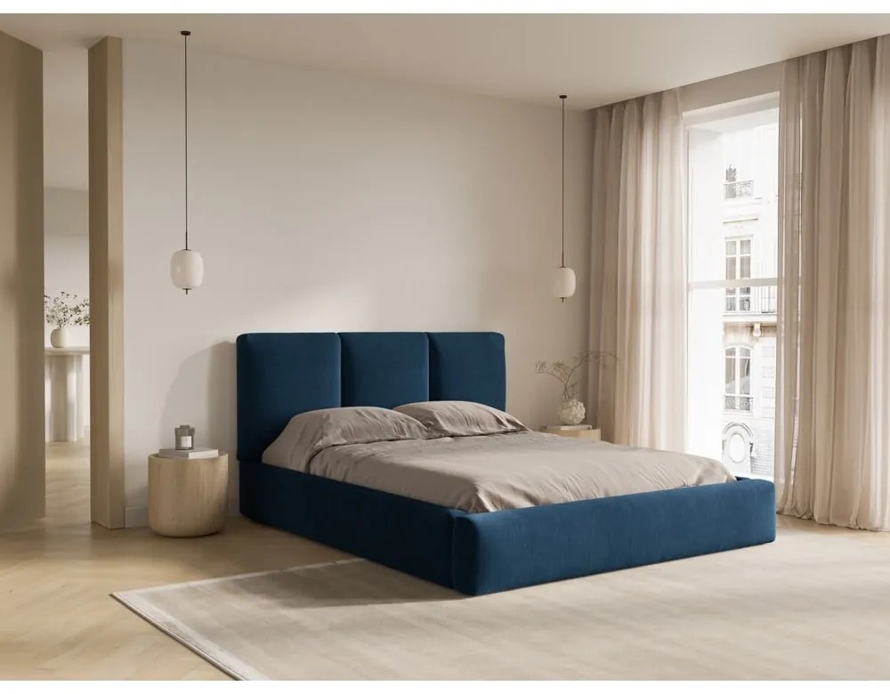 Ciemnoniebieskie tapicerowane łóżko dwuosobowe ze schowkiem i stelażem 140x200 cm Brody – Mazzini Beds