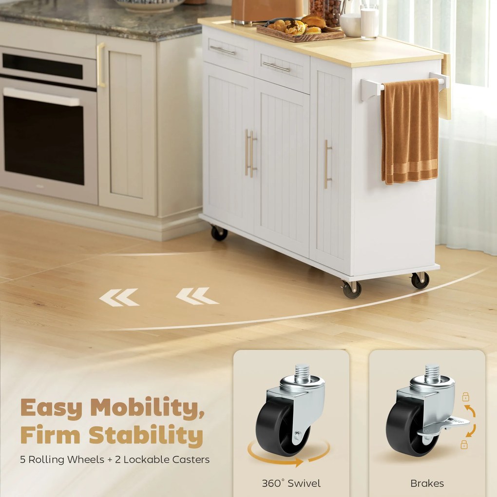 HOMCOM Mobilna wyspa kuchenna, rozszerzalny blat, drzwi szafki, szuflady, uchwyt na ręcznik, wózek kuchenny z MDF, biały | Aosom PL