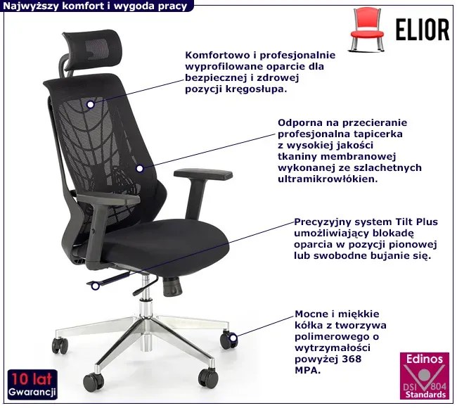 Czarny fotel ergonomiczny zgodny z rozporządzeniem MR i PS z 2023r.  - Liria