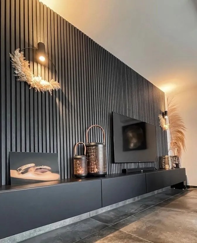 Drewniany panel akustyczny, 2400 x 600 mm, czarny podkład, 5 szt, dąb grafitowy