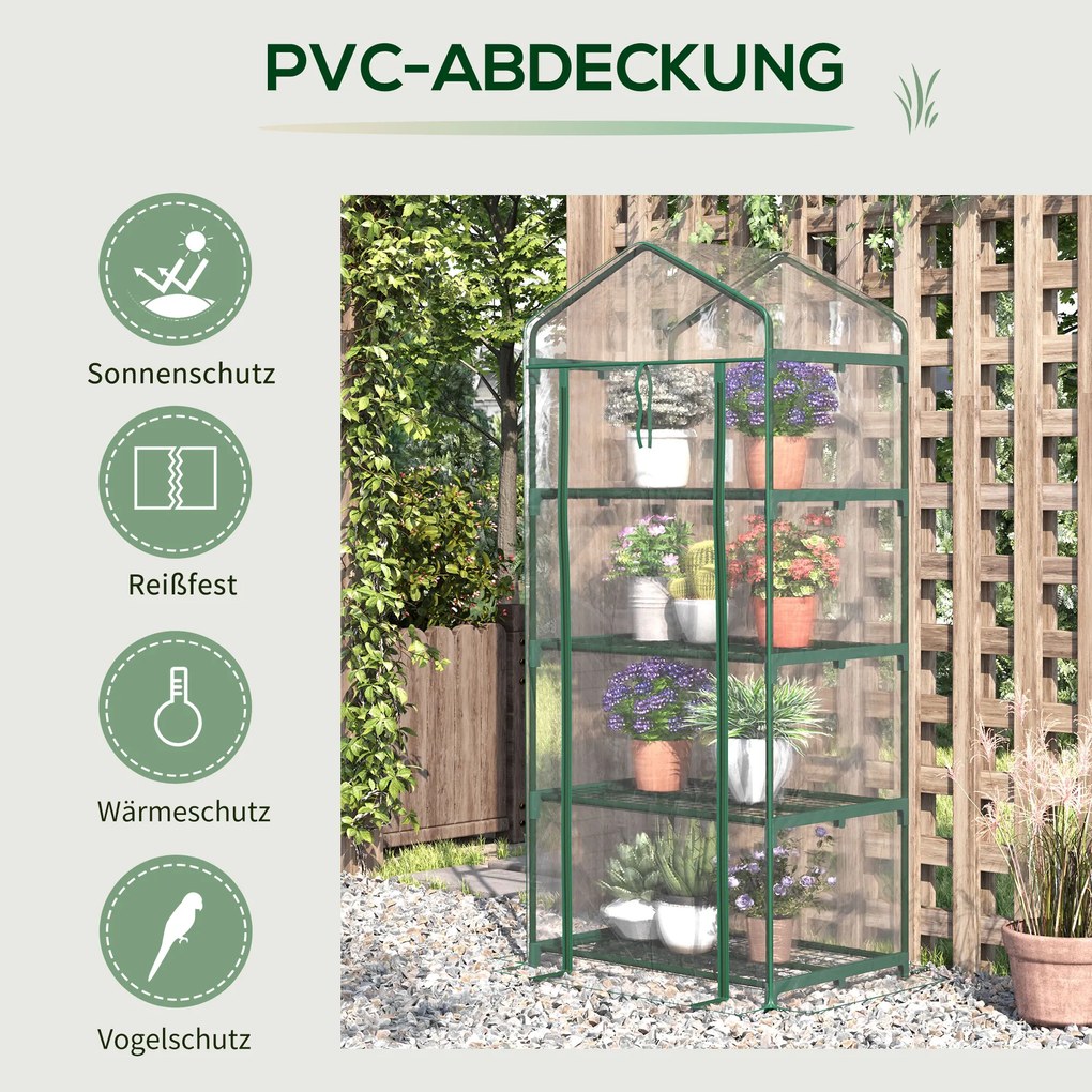 Outsunny Szklarnia Foliowa na Pomidory i Rośliny 4 Półki Zielona 70x50x160cm | Aosom PL