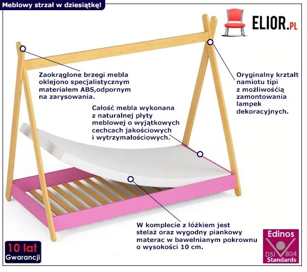 Łóżko tipi dla dziewczynki różowe - Welma 4X 80x180