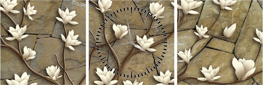Obraz - Białe magnolie na murze kamiennym (z zegarem) (90x30 cm)