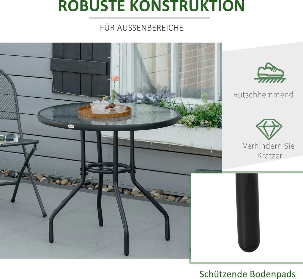 Outsunny Stół Ogrodowy z Otworem na Parasol Czarny Szkło Hartowane i Metal Stolik Bistro Balkonowy Ø80x72cm | Aosom PL