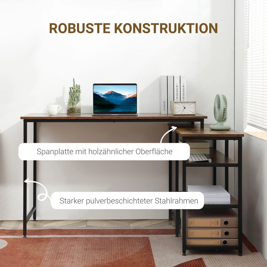 HOMCOM Biurko z regałem Rustykalny design Małe biurko komputerowe Płyta wiórowa Metal Brązowy | Aosom PL
