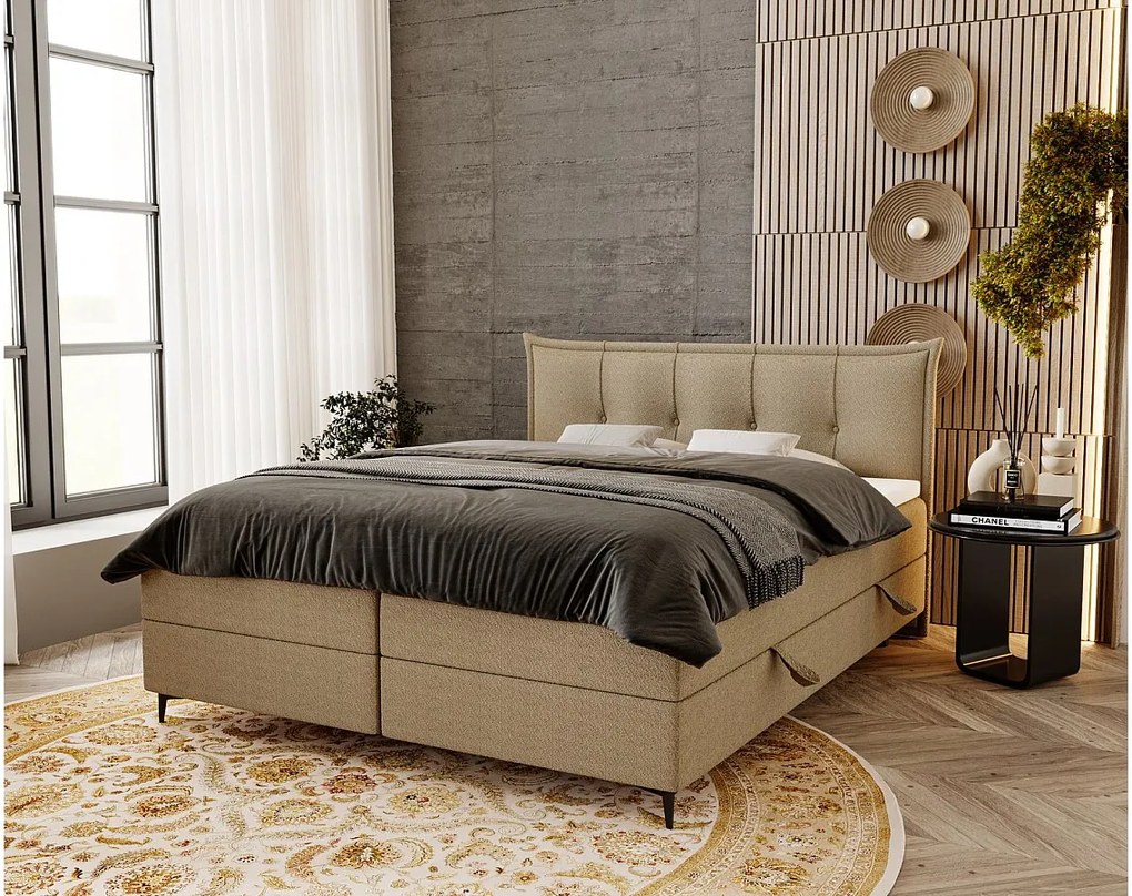 Emporius Liron łóżko kontynentalne 160x200 - łóżko dwuosobowe z materacem i topperem - pojemnik, tkanina boucle, beżowy (Anthology 3)