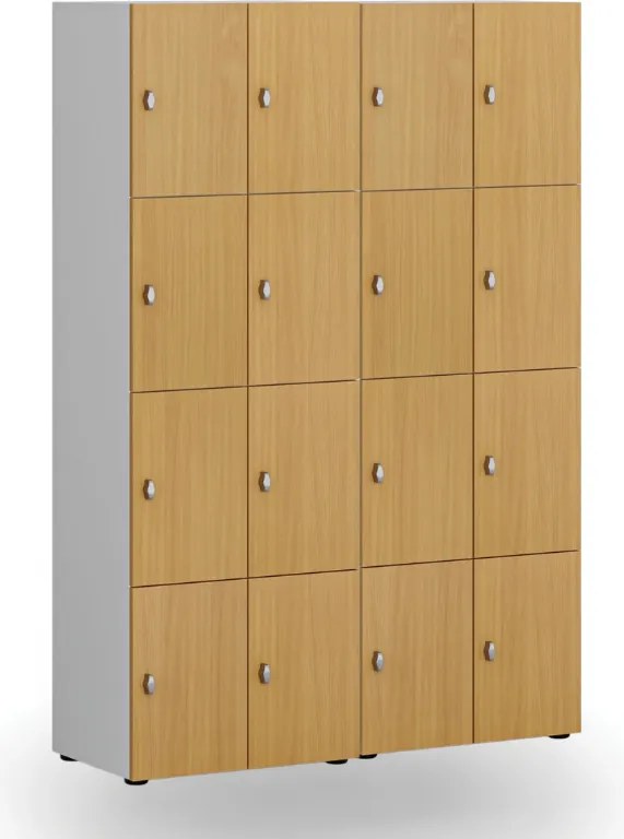 Drewniana szafka skrytkowa S4, 8 schowków, demontaż, zamek obrotowy, szary/biały