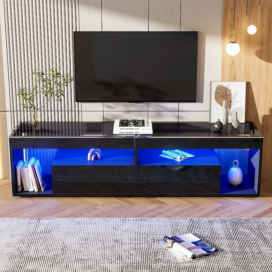 Szafka RTV Glossy - 180 x 40 x 46 cm - z 2 szufladami + diody LED - płyta wiórowa - naturalna