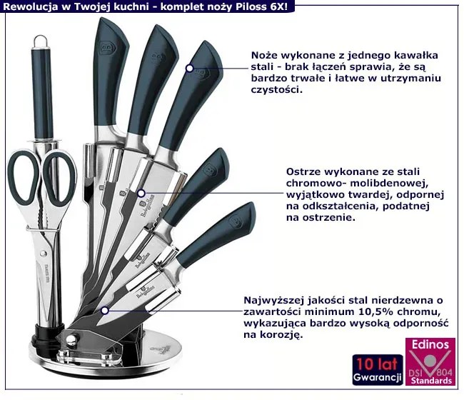Zestaw noży ze stali nierdzewnej z ostrzałką - Piloss 6X
