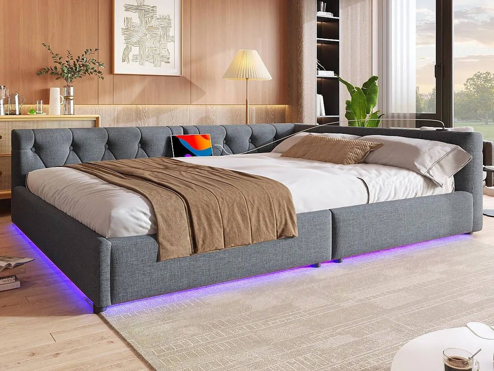 Leżanka lniana 140x200 cm - z diodami LED i portami ładowania - Szara