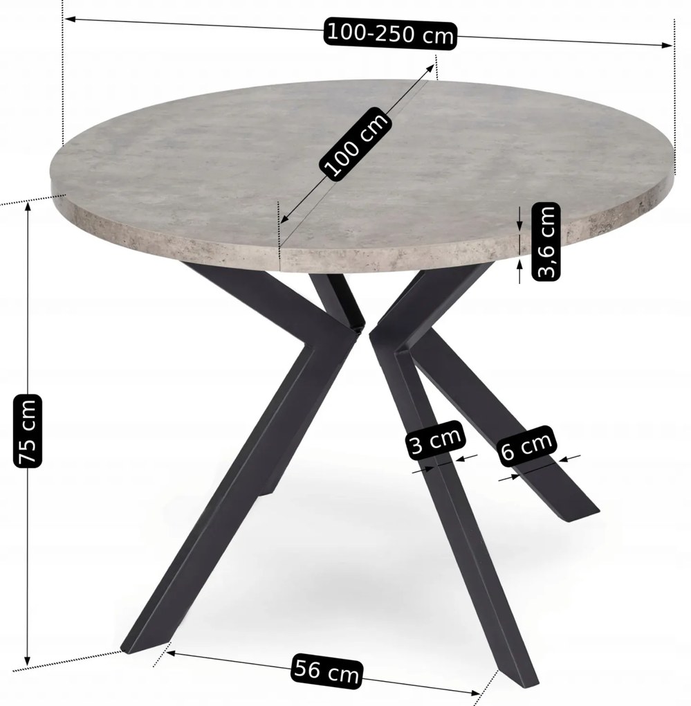 Stół Okrągły Rozkładany LUKAS 100-250 cm Beton Nowoczesny Loft