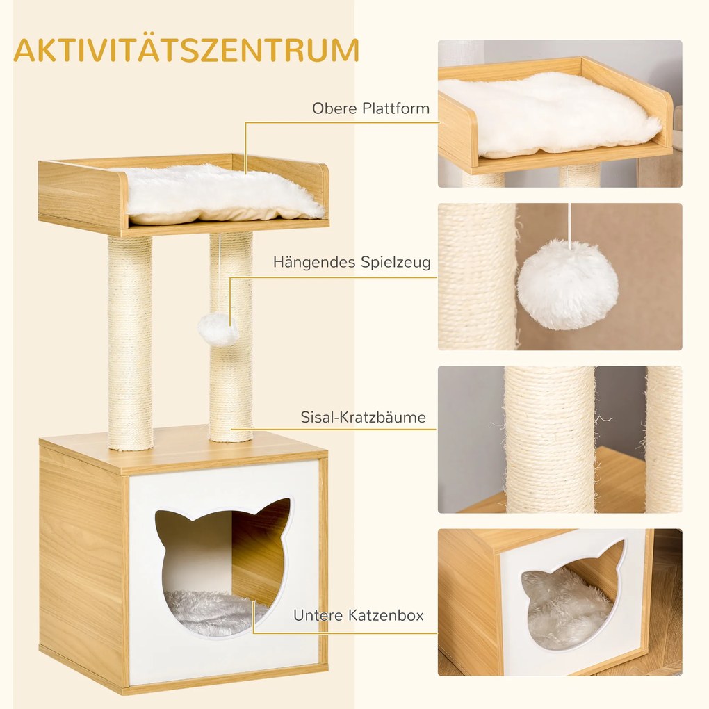 PawHut Cat House Zabawka Pet Ball Zdejmowany Aksamitny Poliester Sizal Dąb 35x35x81cm | Aosom PL