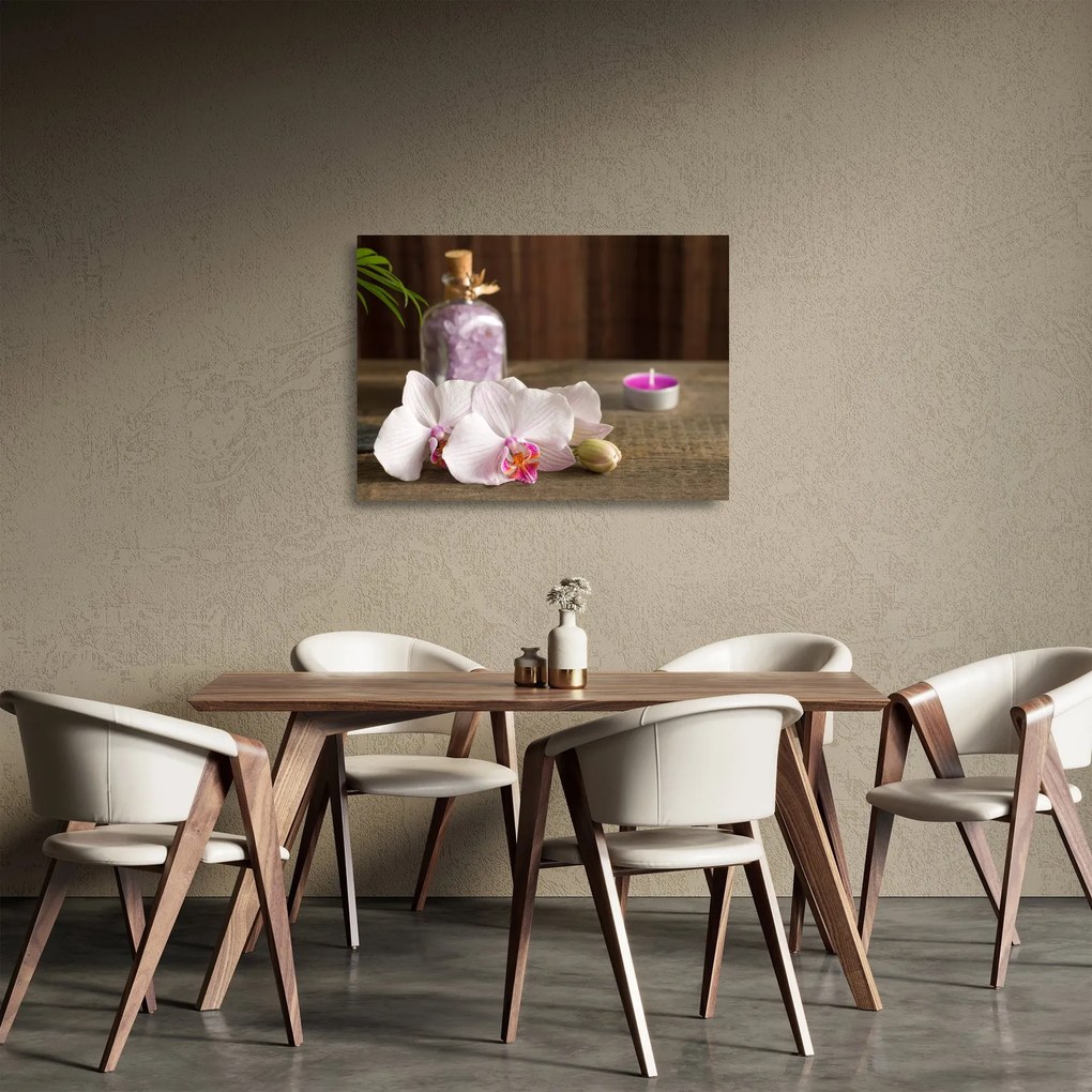 Obraz na szkle - Świeca i orchidee (70x50 cm)