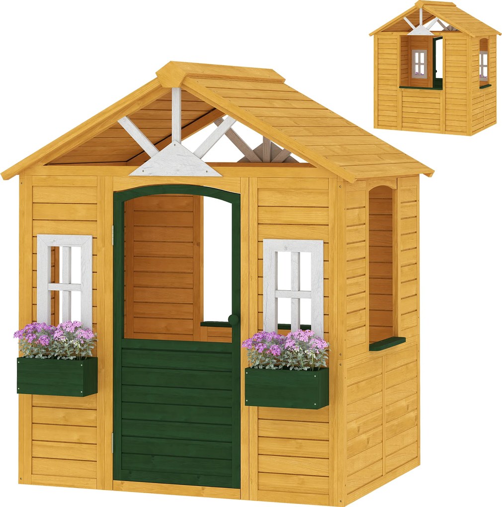 AIYAPLAY Drewniany domek ogrodowy dla dzieci z drzwiami, 3 oknami i 2 skrzynkami na kwiaty, dla dzieci w wieku 3-8 lat, 134,5 x 97 x 150 cm, brązowy | Aosom PL