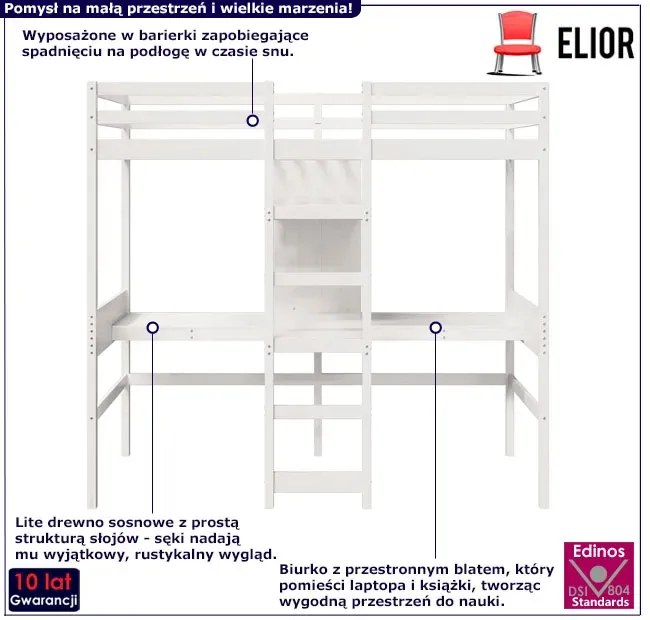 Białe łóżko na antresoli z podwójnym biurkiem 90x200 - Mofiro 6X