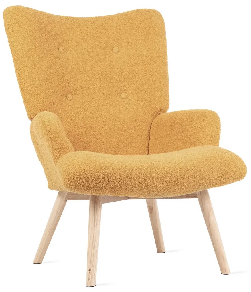 Fotel tapicerowany MOSS w tkaninie TEDDY BOUCLÉ musztardowy HOMLA